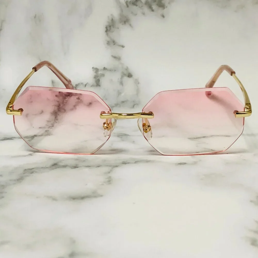 Men Women Sunglasses Pink Lens Rimless Luxury Retro Shades Gold Metal Lentes New
